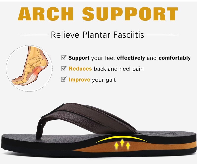 KuaiLu Men's Leather Flip Flops Arch Support Summer Beach Pool Water Thong Sandals Waterproof Rubber Walking Shoes Slip on Orthotic Casual Sport Cushioned Wide Slides Shower Slippers Brown Size 11 - Image 4